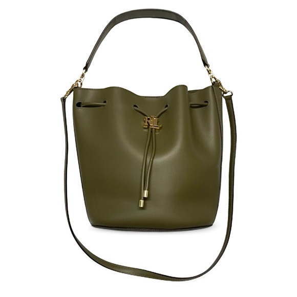 Lauren Ralph Lauren Andie Drawstring Leather Bucket Bag Olive Green - Picture 5 of 14